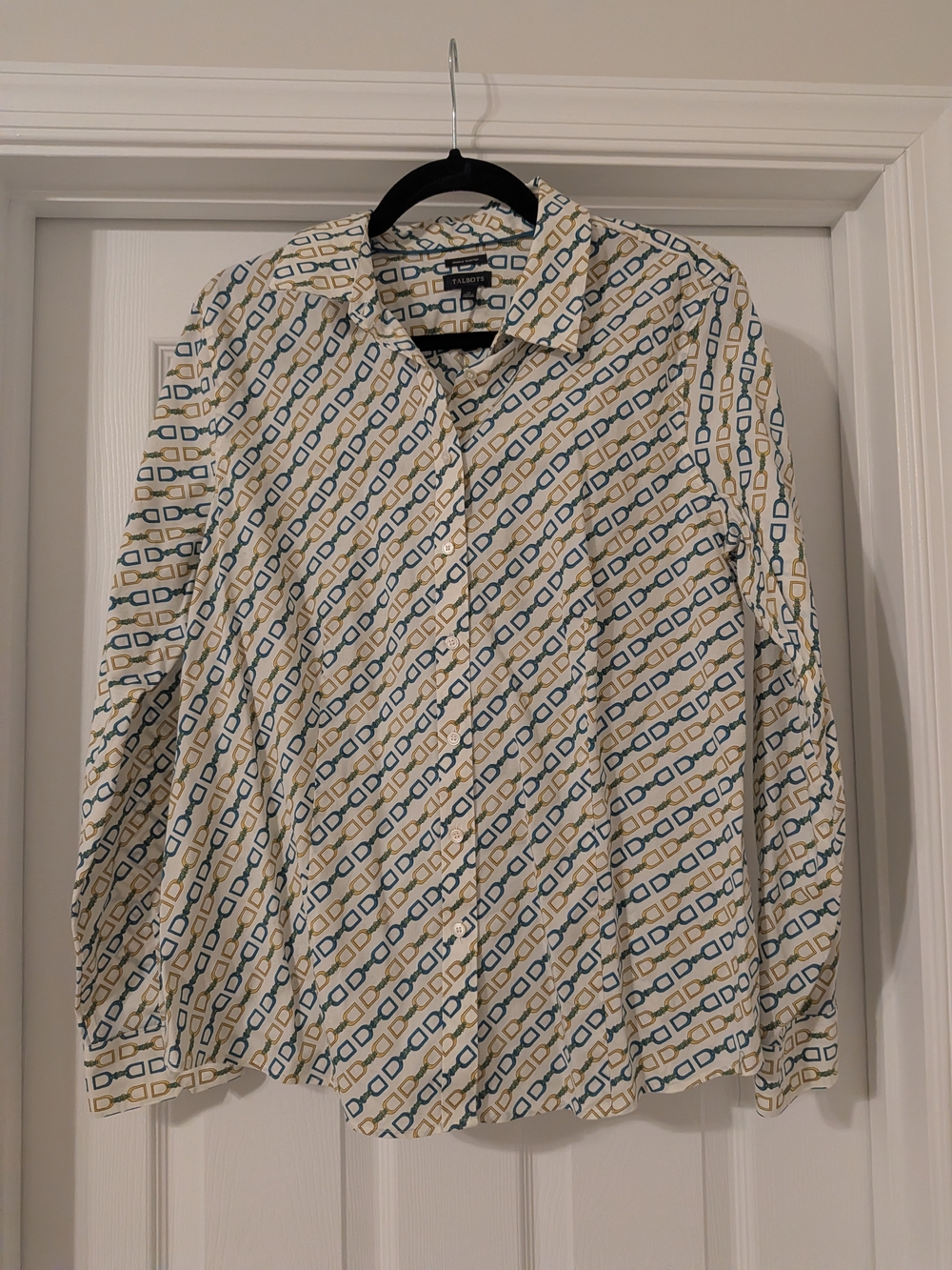 Talbots Cream Button-Up Shirt with Blue and Gold Chain Print